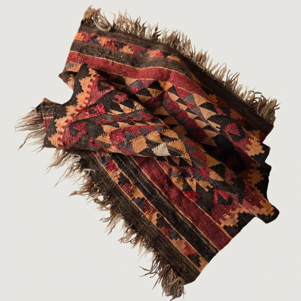 Handwoven Wool Kilim Rug Tribal Geometric Flatweave Terracotta Brown 28x36.5